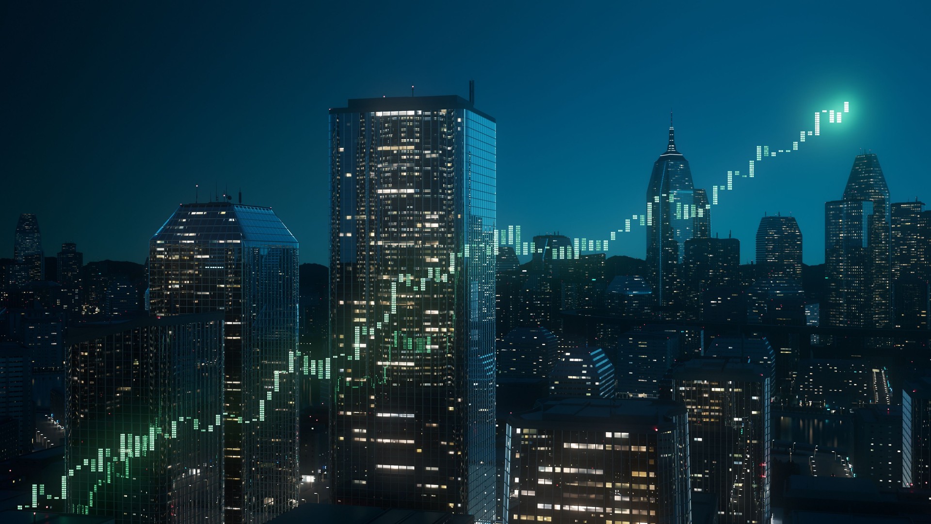 Stock Chart Emerging Between Skyscrapers - Boom, Prosperity, Bull Market - Financial Analysis, Trading, Investment